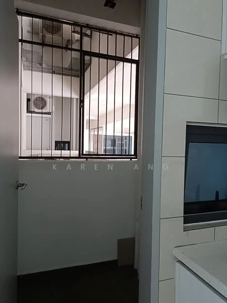 Room features: window with security bars, tile flooring, white tiled walls, air conditioning unit visible, door leading to another space.
