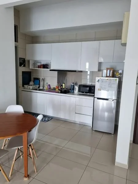 Kitchen features: white cabinetry, stainless-steel fridge, built-in microwave, freestanding range oven, single-bowl stainless-steel sink, chrome pull-down faucet, white quartz countertop, ceramic tile flooring, recessed downlights, wall-mounted cabinets, open shelving, dining table with wooden surface, 4 white dining chairs; style: modern.