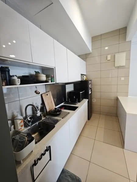 Kitchen features: white cabinetry, black countertop, single-bowl stainless-steel sink, chrome pull-down faucet, built-in oven, freestanding fridge, ceramic tile flooring, wall-mounted cabinets, open shelving, kitchen utensils and appliances visible, tile backsplash, under-cabinet lighting; style: modern.