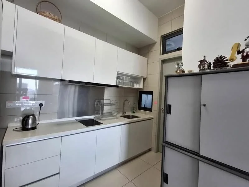 Kitchen features: white flat-panel cabinets, stainless-steel sink, chrome pull-down faucet, white countertop, built-in oven, stainless-steel range hood, ceramic tile flooring, wall-mounted shelves, kettle, refrigerator, window above sink; style: modern.