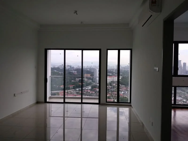 Living features: white painted walls, polished tile flooring, floor-to-ceiling windows, sliding glass door, city view, recessed downlights, air conditioning unit; style: modern; view: city.