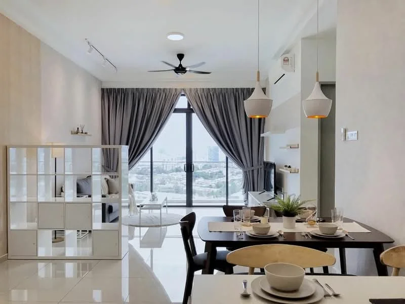 Living features: floor-to-ceiling windows, grey curtains, 3-blade ceiling fan, wall-mounted TV, light wood flooring, decorative shelving unit, sofa in dark grey, coffee table, area rug, indoor plants, dining table with chairs, table settings with plates and cutlery; style: modern; view: city.