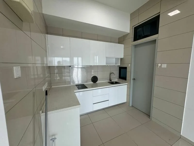 Kitchen features: white cabinetry, flat-panel cabinet doors, grey countertop, built-in oven, induction cooktop, stainless-steel sink, chrome pull-down faucet, tile backsplash, light grey tile flooring, floor-to-ceiling windows, open layout, modern design; style: modern; view: city.
