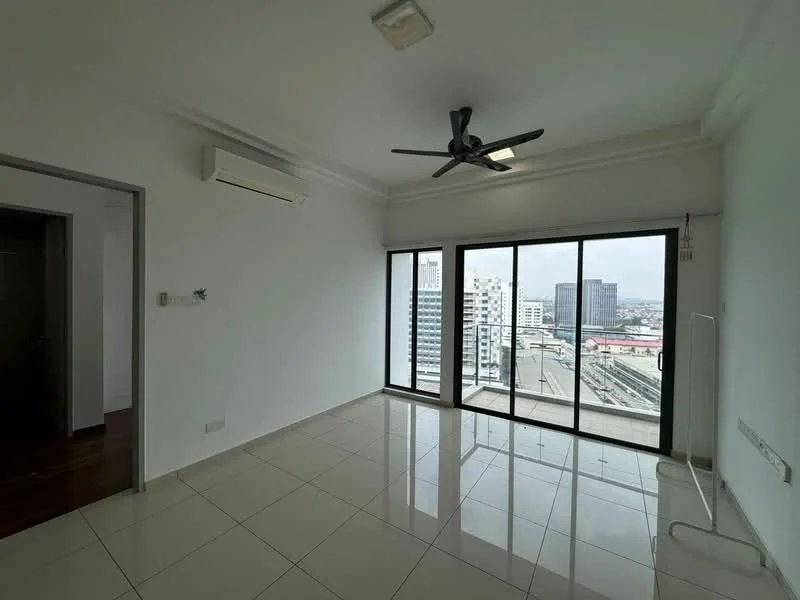 Living features: white painted walls, glossy ceramic tile flooring, 5-blade ceiling fan with light, floor-to-ceiling windows, sliding glass door, city view, wall-mounted air conditioning unit, recessed ceiling lights; style: modern; view: city.