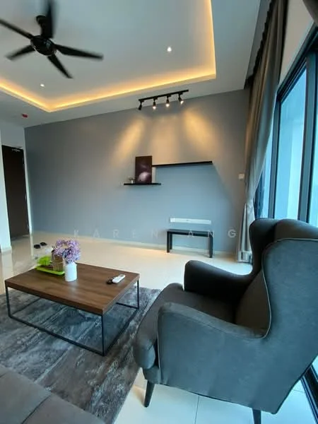 Living features: grey accent wall, white painted walls, recessed downlights, ceiling fan, large glass sliding door, curtains, wooden coffee table, area rug, decorative shelf, wall-mounted artwork, upholstered armchair; style: modern.