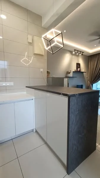 Kitchen features: white cabinetry, grey stone countertop, ceramic tile flooring, pendant lighting with geometric design, built-in appliances, wall-mounted cabinets, open shelving, recessed lighting, window with view, neutral wall tiles; style: modern.