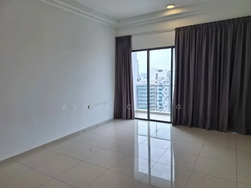 Room features: white painted walls, glossy tile flooring, floor-to-ceiling windows, grey curtains, recessed downlights, city view; style: modern; view: city.