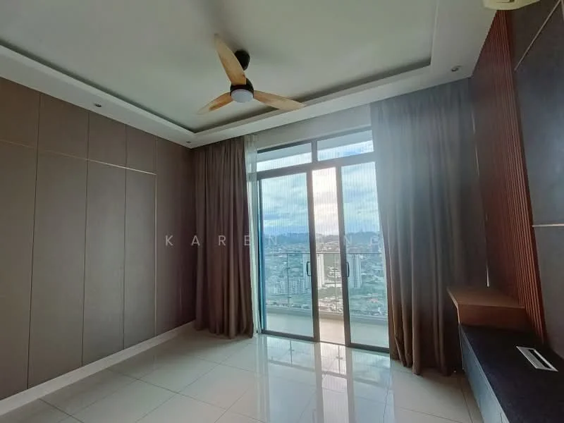 Room features: floor-to-ceiling windows, sliding glass door, 5-blade ceiling fan, white walls, cream painted walls, glossy tile flooring, curtains, built-in cabinetry, mountain view; style: modern; view: mountain.
