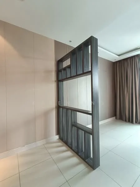 Room features: grey feature wall, light-colored tiled flooring, floor-to-ceiling curtains, recessed lighting, open shelving unit, neutral wall color, smooth ceiling, corner layout; style: modern.