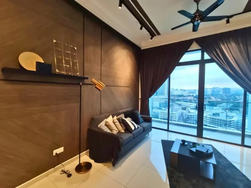Living features: grey fabric sofa, black throw blanket, decorative cushions, black coffee table, floor lamp with gold accents, wood panel accent wall, white tiled flooring, floor-to-ceiling windows, sheer curtains, city skyline view, recessed ceiling lights, ceiling fan with light; style: modern; view: city.