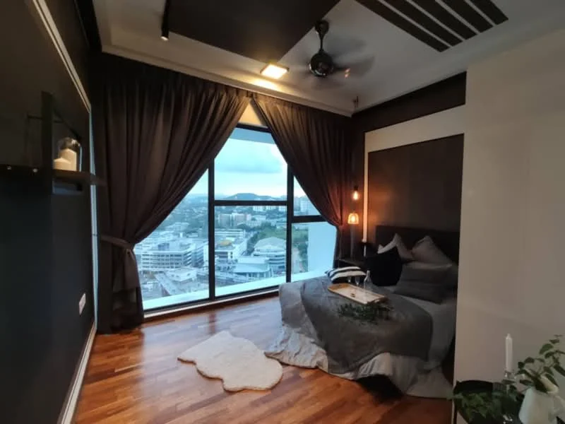 Bedroom features: floor-to-ceiling windows, blackout curtains, 5-blade ceiling fan, wooden flooring, upholstered headboard, decorative wall sconce, bedside table, decorative throw pillows, area rug, city view; style: modern; view: city.