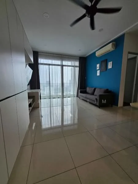 Living features: grey fabric sofa, white built-in cabinetry, large floor-to-ceiling windows, sliding glass door, blue accent wall, cream tiled flooring, ceiling fan, air conditioning unit, decorative wall art, sheer curtains; style: modern; view: city.