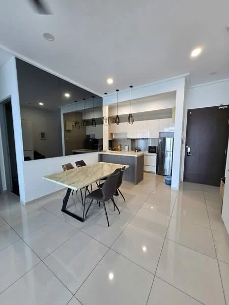 Kitchen features: white cabinetry, grey countertops, stainless-steel fridge, built-in oven, freestanding range oven, pendant lighting, dining table with metal legs, 4 dining chairs, ceramic tile flooring, open layout, wall-mounted cabinets, kitchen island, recessed lighting; style: modern.