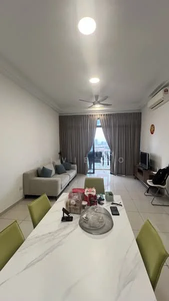 Living features: light grey fabric sofa, two teal accent pillows, ceiling fan with light, wall-mounted TV, TV console, large sliding glass door, floor-to-ceiling curtains, white painted walls, tile flooring, decorative wall clock, area rug, dining table with marble top, green upholstered dining chairs; style: modern; view: city.