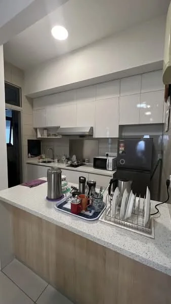 Kitchen features: white glossy cabinetry, granite countertop, stainless-steel sink, chrome pull-down faucet, built-in microwave, freestanding fridge, ceramic tile flooring, recessed downlights, dish rack with plates, kettle, coffee maker, toaster; style: modern.
