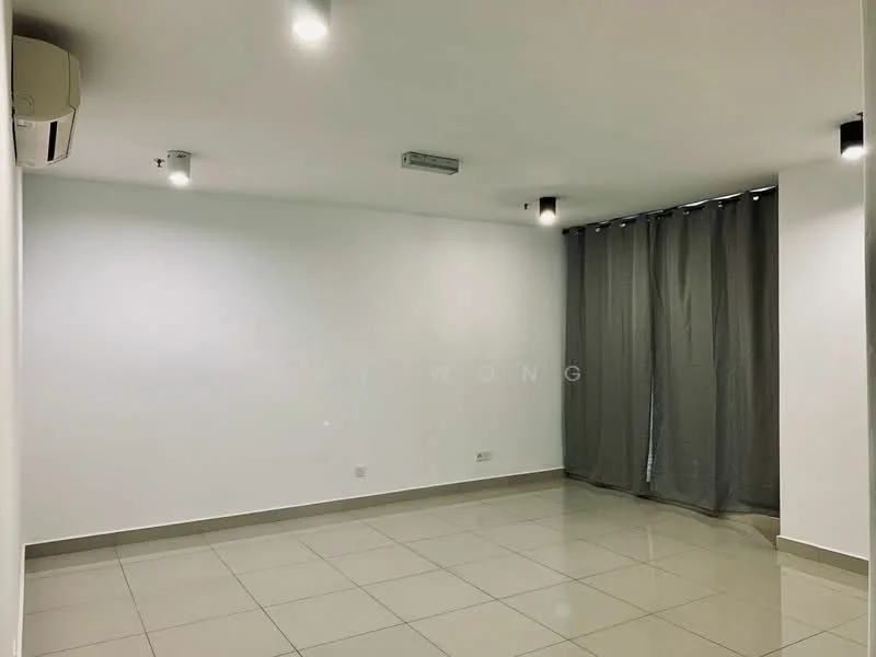 Room features: white painted walls, grey curtains, tile flooring, recessed LED downlights, 1 wall-mounted split AC; style: modern.
