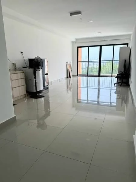 Living features: white painted walls, glossy ceramic tile flooring, floor-to-ceiling windows, sliding glass door, blackout curtains, ceiling fan, TV console, refrigerator, dining table, open layout, balcony view; style: modern; view: city.