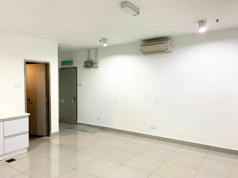 Room features: white painted walls, grey tiled flooring, recessed downlights, 1 wall-mounted split AC, doorway leading to another room, empty space, no visible furniture or decor; style: modern.