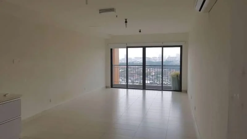 Living features: white painted walls, tile flooring, floor-to-ceiling windows, sliding glass door, city view, ceiling light fixture, air conditioning unit, neutral color scheme; style: modern; view: city.