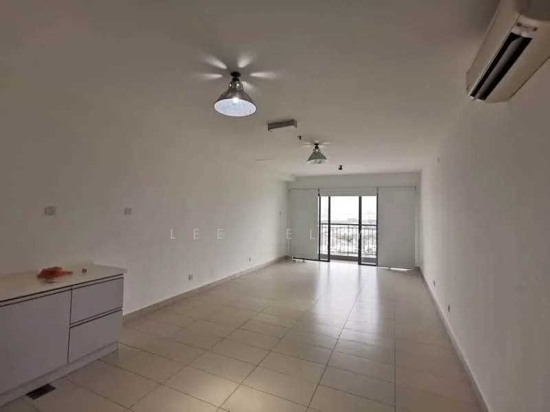Living features: white painted walls, tile flooring, recessed downlights, 2 ceiling fans, sliding glass door, floor-to-ceiling windows, air conditioning unit, open layout, balcony access; style: modern; view: city.