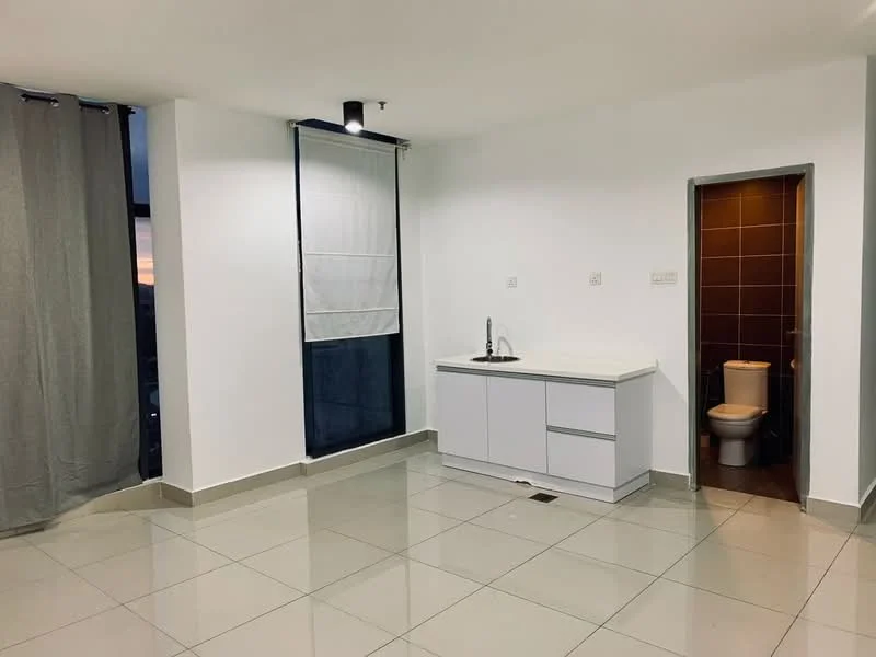 Room features: white painted walls, grey floor tiles, single-bowl stainless-steel sink, chrome pull-down faucet, white cabinetry with drawers, window with sheer curtains, door leading to bathroom, recessed downlights; style: modern; view: city.