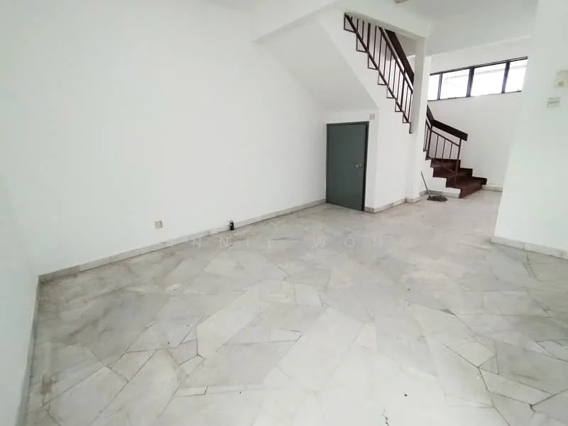 Room features: marble flooring, white painted walls, staircase with metal railing, large windows, door to storage area, corner space, neutral color scheme, open layout; style: minimalist.