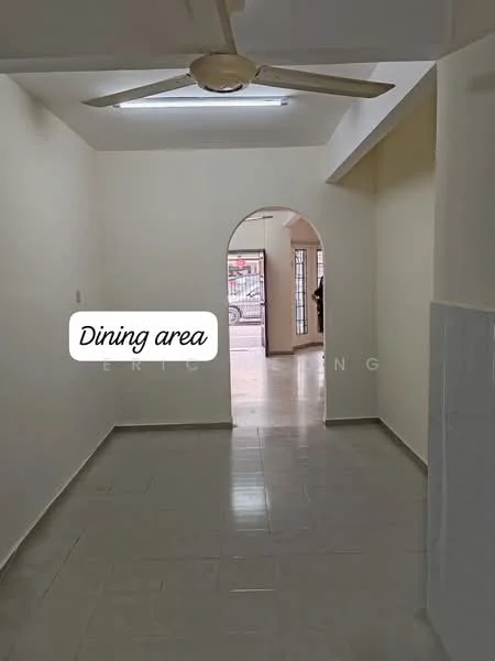 Dining features: white painted walls, tile flooring, 5-blade ceiling fan, arched doorway, natural light from windows, neutral color scheme, open layout, light fixture, no visible furniture; style: modern. Room features: white painted walls, tile flooring, arched doorway, natural light from windows.
