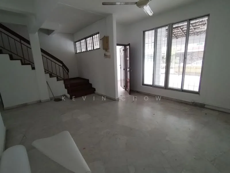 Room features: marble flooring, white painted walls, ceiling fan, staircase with wooden railing, large windows with grid pattern, front door, natural light from windows, open layout; style: minimalist.