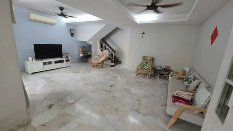 Living features: marble flooring, white painted walls, tray ceiling, 2 ceiling fans, wall-mounted TV, TV console, sofa with wooden arms, armchair with floral pattern, recliner chair, decorative wall cross, staircase leading to upper floor, clock on wall; style: modern.