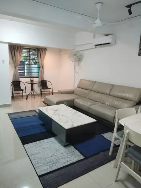 Living features: 3-seater leather sofa in beige, coffee table with marble top, area rug with geometric pattern, floor-to-ceiling windows, sheer curtains, wall-mounted split AC, ceiling fan, dining table with chairs, decorative wall art; style: modern.