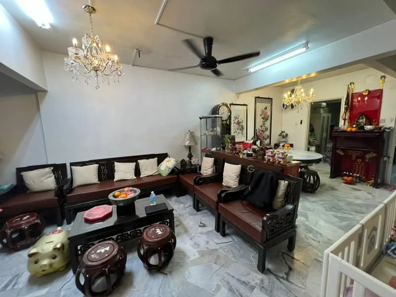 Living features: 3-seater wooden sofa with cushions, 2-seater wooden sofa with cushions, coffee table, decorative stools, chandelier, ceiling fan, marble flooring, wall-mounted decor, decorative vases, fruit bowl on table, side table, wall art, open layout; style: traditional.