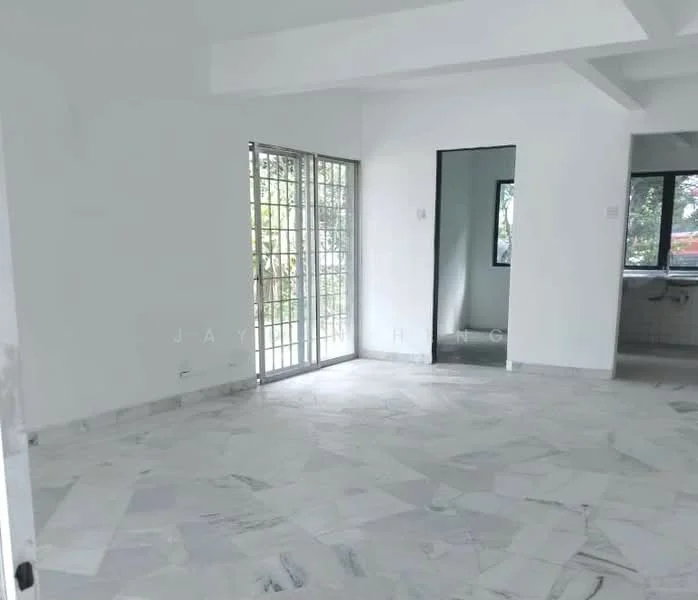 Room features: white painted walls, marble flooring, large sliding glass door, two windows, open layout, natural light, ceiling with exposed beams; style: modern; view: garden.