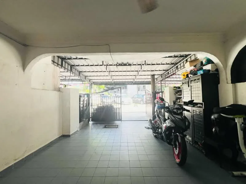 Room features: grey ceramic tile flooring, white painted walls, arched entryway, metal roof, motorbike, storage cabinets, open space, natural light from entrance; style: modern; view: street.