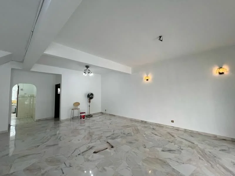 Room features: marble flooring, white painted walls, recessed downlights, 2 wall-mounted sconces, ceiling fan, open layout, large windows, neutral color scheme; style: modern.