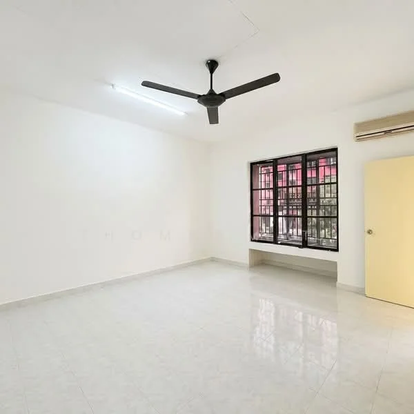 Room features: white painted walls, glossy ceramic tile flooring, ceiling fan, window with black metal grille, air conditioning unit, light fixture, plain ceiling, single door; style: modern.
