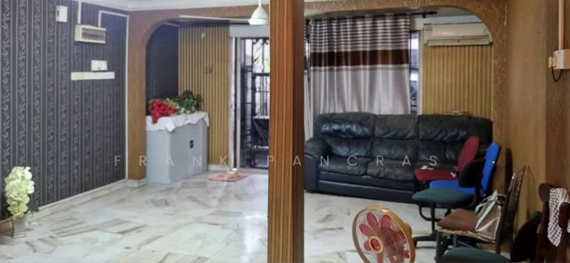 Living features: cream marble flooring, dark wood paneling, black leather sofa, red and blue upholstered chairs, white ceiling fan, window with sheer curtains, decorative wall with floral pattern, air conditioning unit, small decorative plant, side table, door leading to outdoor area; style: traditional.