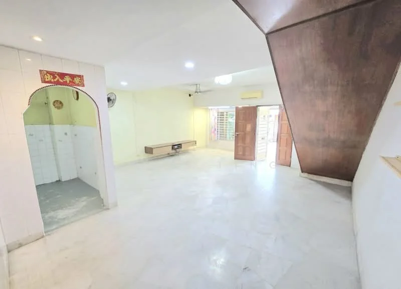 Room features: marble flooring, white painted walls, arched doorway, ceiling lights, wooden staircase, open layout, wall-mounted TV console, double doors leading outside; style: modern.
