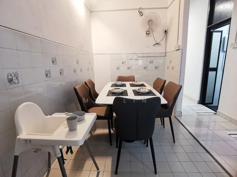 Dining features: rectangular dining table, 6 upholstered dining chairs in grey, white tableware, wall-mounted ceiling fan, white tiled flooring, white tiled walls with decorative tiles, natural light from doorway, high chair for children; style: modern.