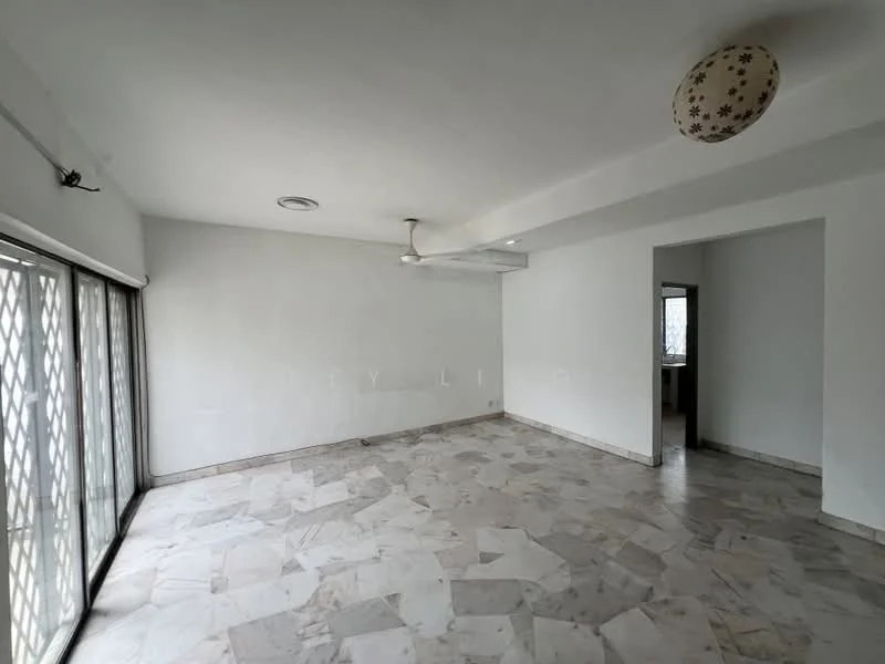 Living features: marble flooring, white painted walls, ceiling fan, floor-to-ceiling sliding glass door, natural light from windows, neutral color scheme, recessed lighting, open layout; style: modern.