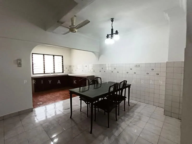 Dining features: white painted walls, tile flooring, 5-blade ceiling fan, 3-bulb pendant light, dining table with 6 chairs, window with horizontal slats, kitchen cabinetry visible in background, countertop with backsplash tiles.
