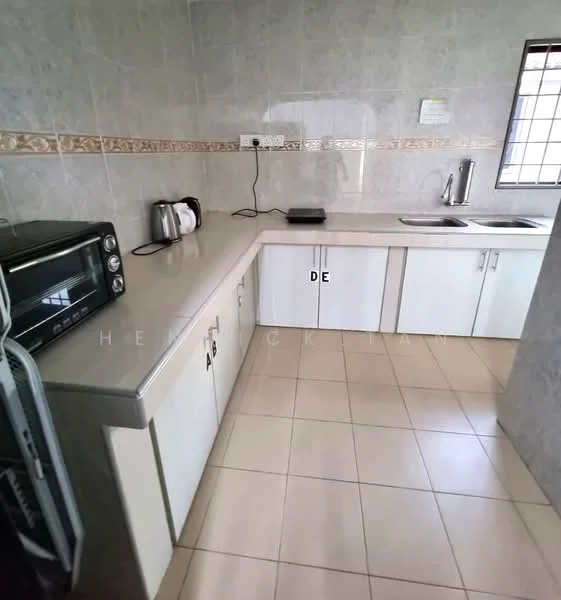 Kitchen features: white cabinetry, laminate countertop, double-bowl stainless-steel sink, chrome pull-down faucet, built-in microwave, toaster, kettle, tiled backsplash, ceramic tile flooring, window with grid pattern, wall-mounted electrical outlets, light switch, neutral wall color; style: modern.