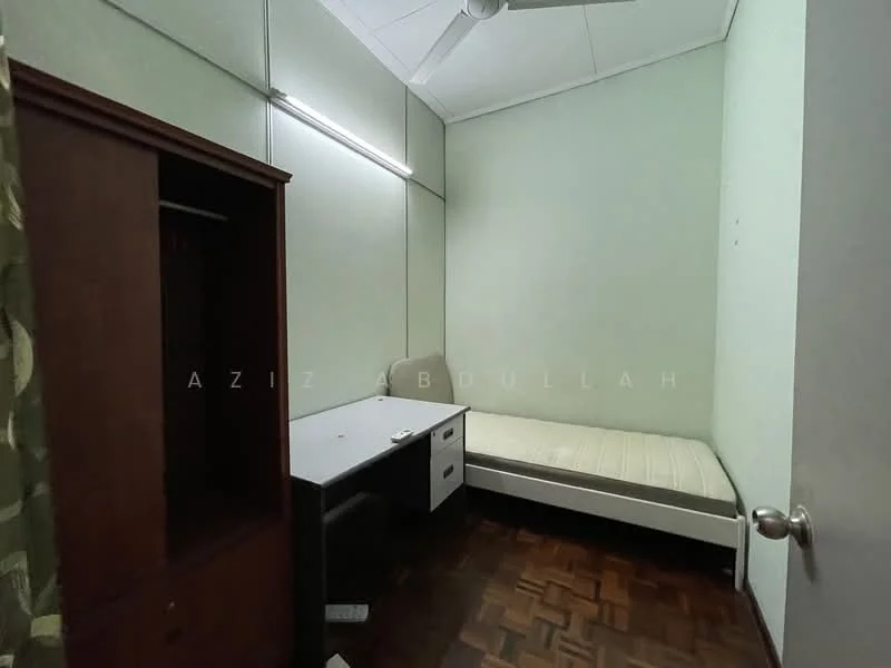 Bedroom features: single bed, wooden wardrobe, study desk, green painted walls, wooden flooring, ceiling fan, window with curtains.