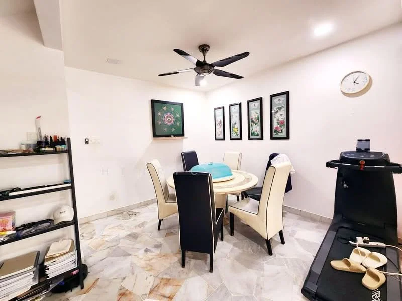 Dining features: round dining table, 6 upholstered dining chairs in cream, ceiling fan with light, wall clock, framed artwork on walls, marble flooring, black shelving unit, treadmill in corner; style: modern.