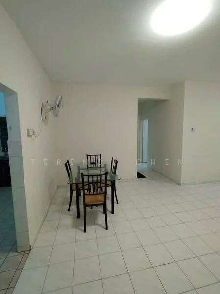 Dining features: square dining table with glass top, 4 black dining chairs, white painted walls, tile flooring, wall-mounted air conditioning unit, recessed ceiling light. Room features: white painted walls, tile flooring, open layout.