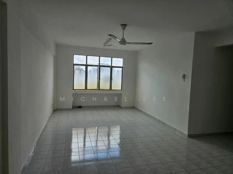 Living features: white painted walls, glossy ceramic tile flooring, 5-blade ceiling fan, large windows, natural light, unobstructed view, neutral color scheme, no visible furniture; style: minimalist; view: city.