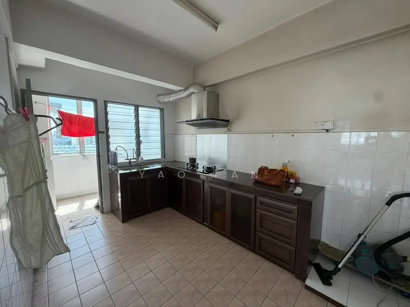 Kitchen features: brown wooden cabinetry, white tiled backsplash, stainless-steel gas hob, stainless-steel range hood, single-bowl stainless-steel sink, countertop with storage below, window with sliding glass panes, floor-to-ceiling window, tile flooring, hanging clothes rack, kitchen cart, natural light from window; style: modern; view: city.