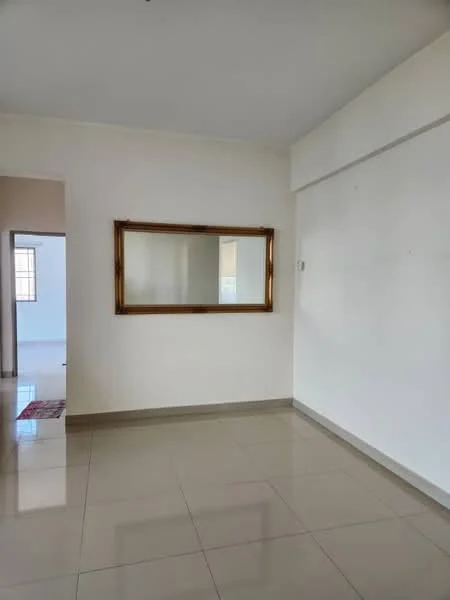 Room features: white painted walls, mirror with wooden frame, glossy tile flooring, natural light from window, neutral color scheme; style: modern.