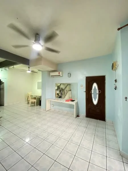 Living features: white painted walls, ceramic tile flooring, 5-blade ceiling fan with light, wall-mounted split AC, wooden front door with glass panel, mirror on console table, dining area visible in background, recessed lighting, decorative wall clock; style: modern.