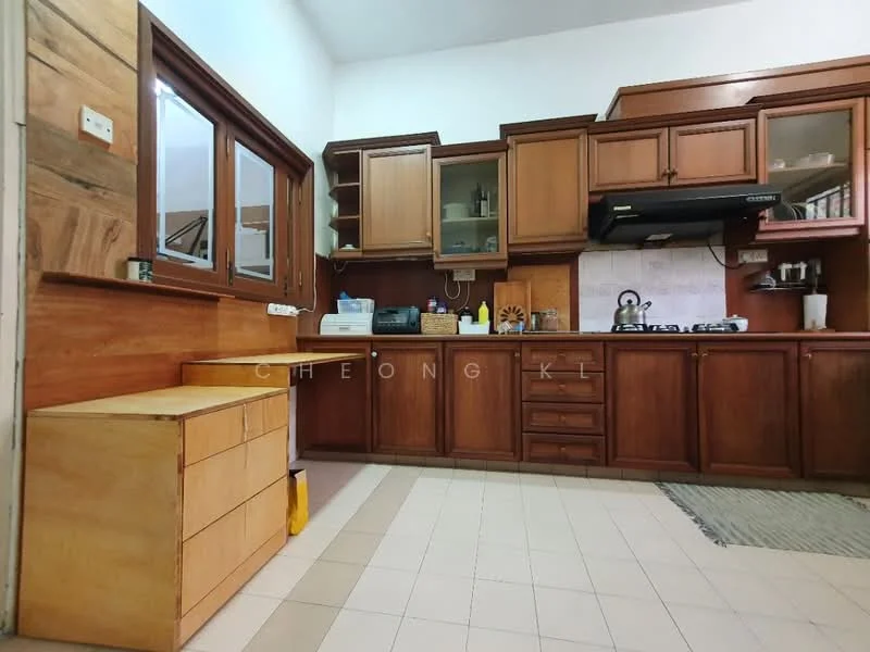 Kitchen features: wood cabinetry, brown wooden countertop, stainless-steel gas hob, built-in oven, double-basin sink, black range hood, tile backsplash, window with wooden frame, light-colored tile flooring, kitchen island with storage, recessed lighting; style: traditional.