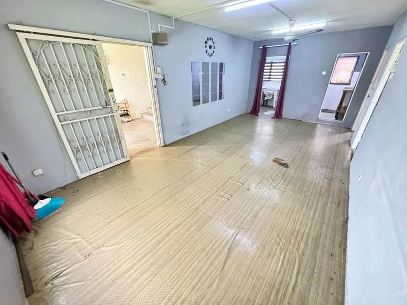 Room features: grey painted walls, vinyl flooring, ceiling fan, window with sheer curtains, door with security grille, light fixture on ceiling, red curtains, open space layout.